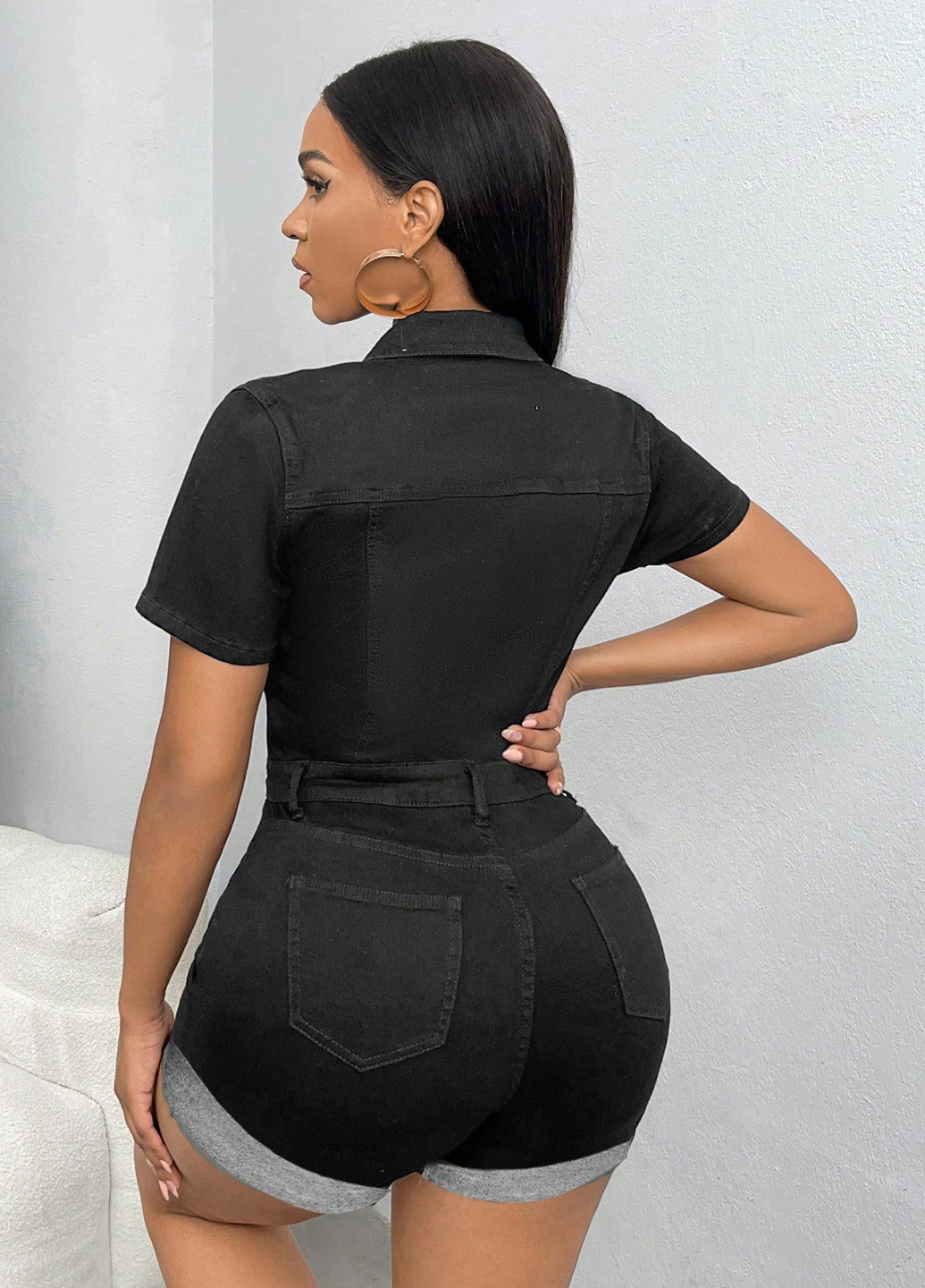 Комбинезон SHEIN комбинезон-шорты однотонный тёмно-серый денил хлопок, джинс