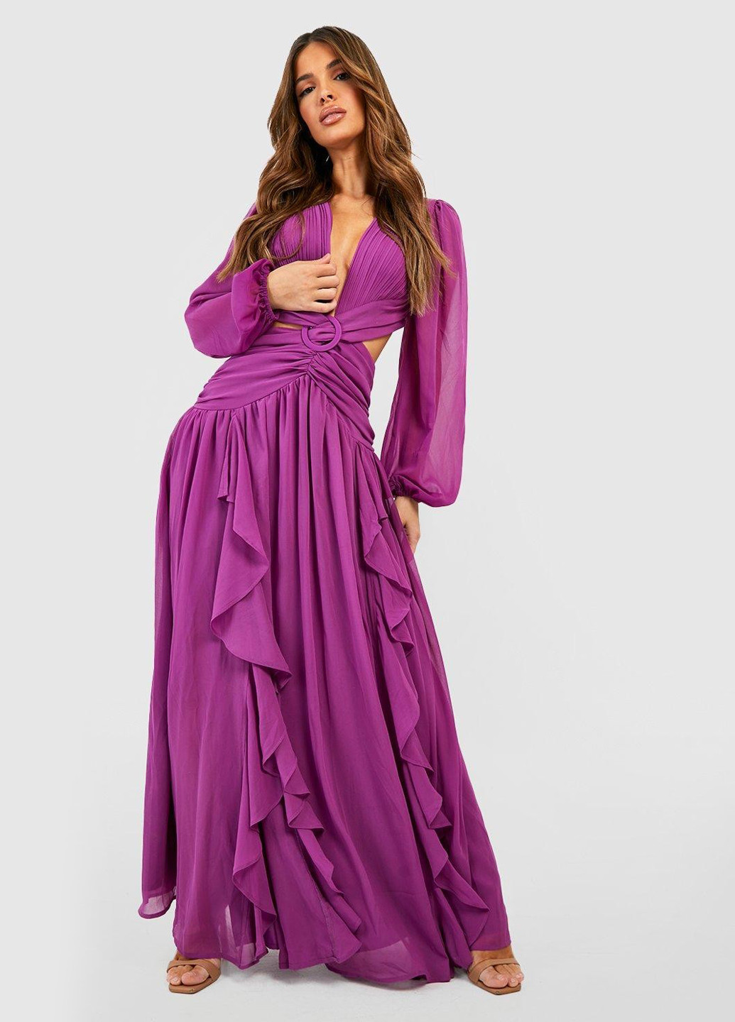 Фиолетовое вечернее платье с открытой спиной Boohoo однотонное