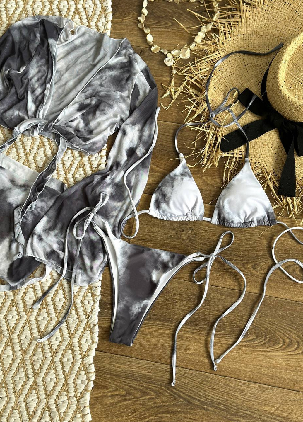 Сірий літній пляжний комплект жіночий (купальник, топ, парео) бікіні, роздільний NOVA VEGA