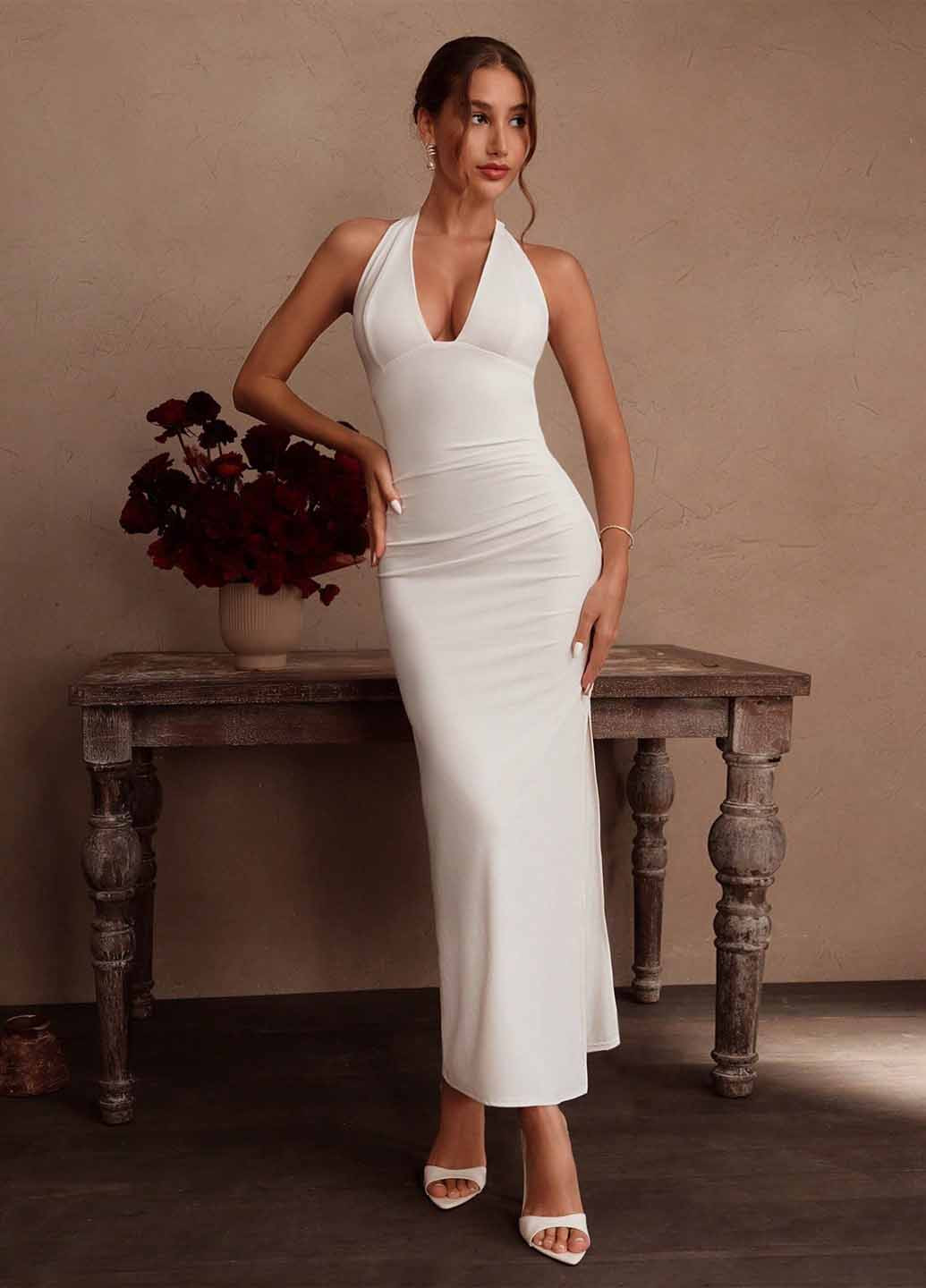 Білий карнавальний, святковий, вечірня сукня силуетна, з відкритою спиною SHEIN однотонна