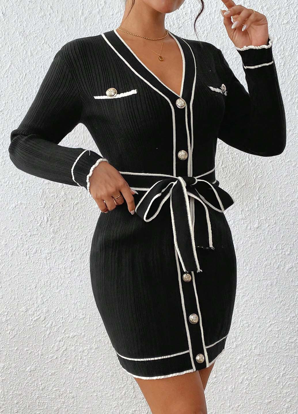 Черно-белое кэжуал платье платье-свитер SHEIN однотонное