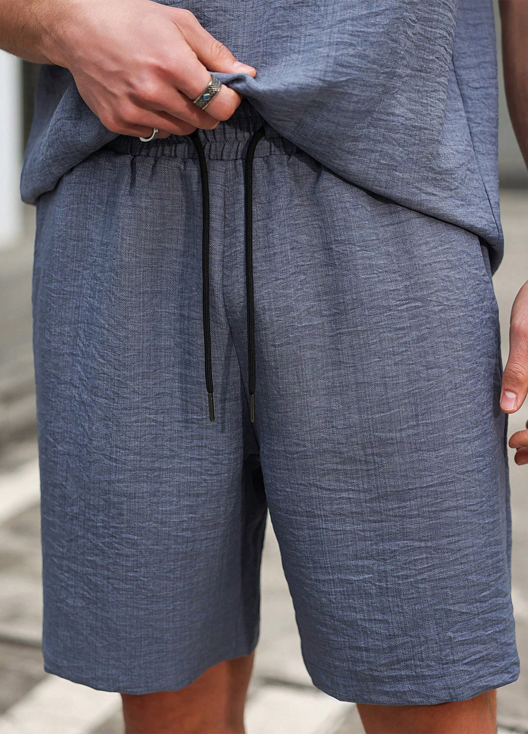 Серо-синий летний костюм (рубашка, шорты) с шортами SHEIN