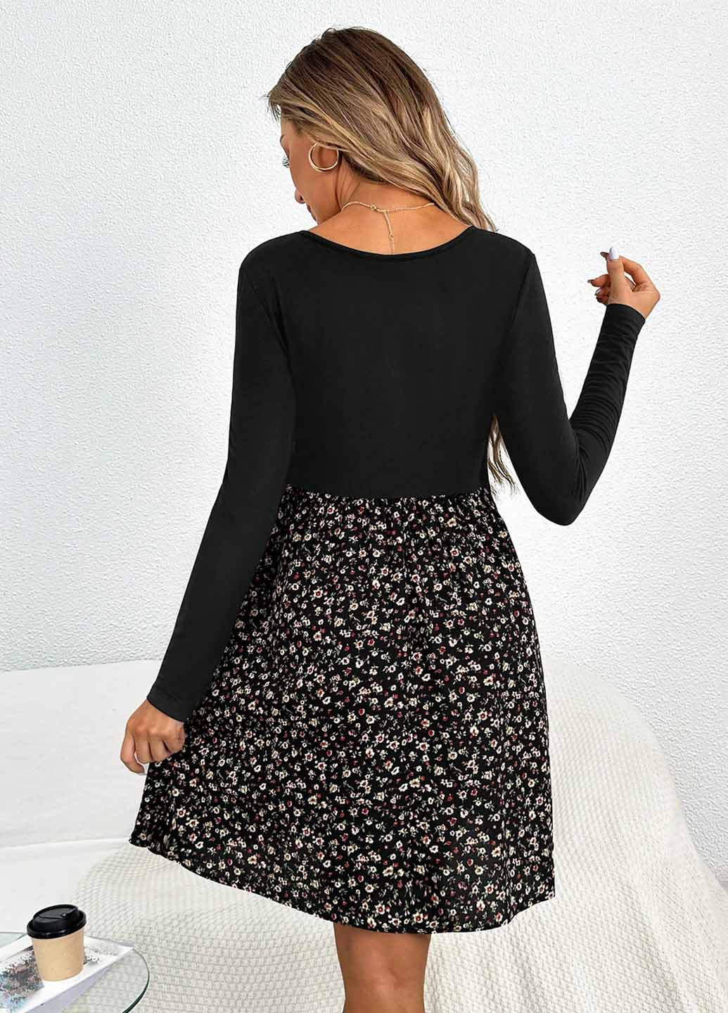 Черное кэжуал платье клеш SHEIN с цветочным принтом