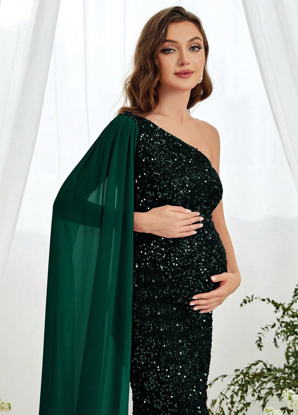 Темно-зеленое вечернее, праздничный платье для беременных годе, на одно плечо SHEIN однотонное