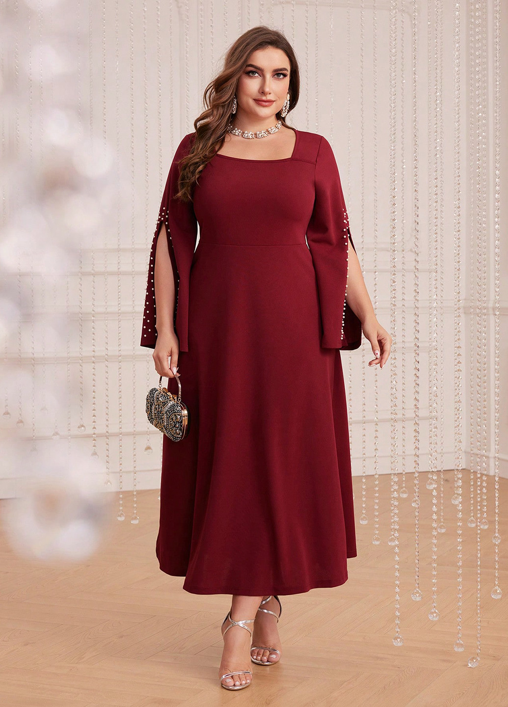 Бордова вечірня сукня а-силует SHEIN однотонна