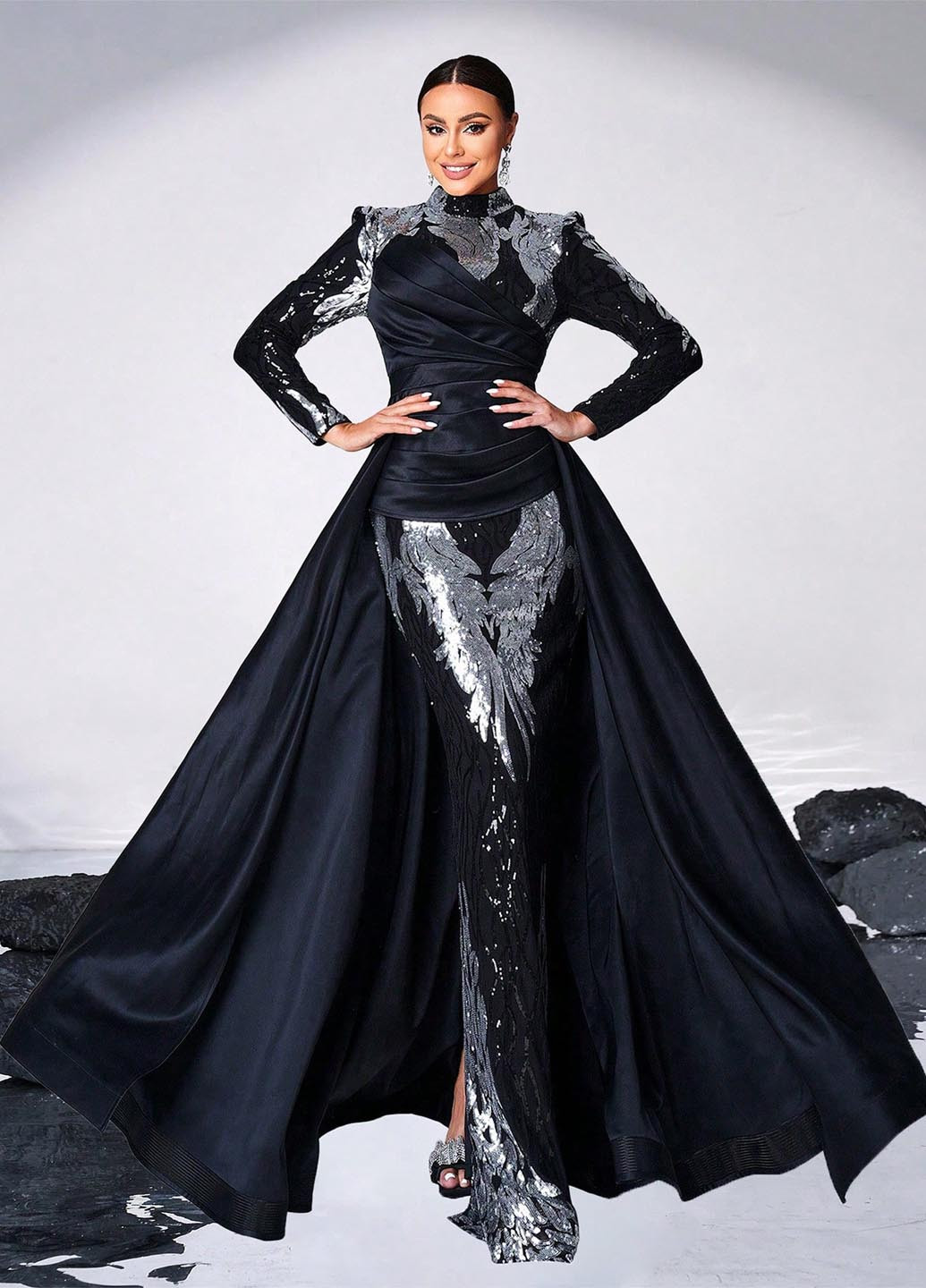 Чорна вечірня сукня годе, зі шлейфом, а-силует SHEIN однотонна