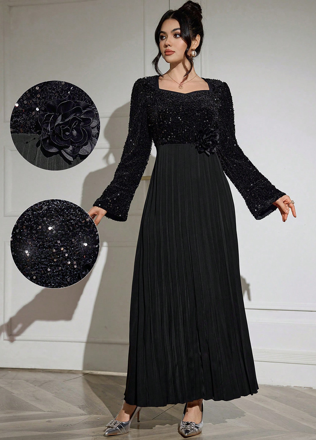 Черное кэжуал платье плиссированное SHEIN однотонное