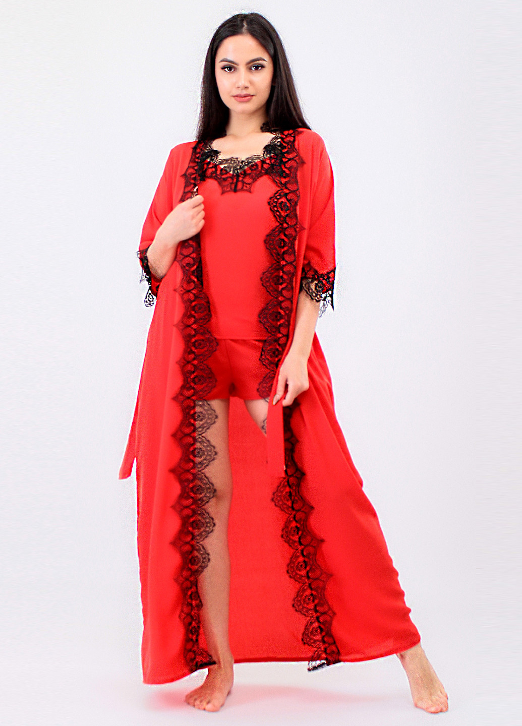 Красный демисезонный комплект (топ, шорты, халат) Ghazel