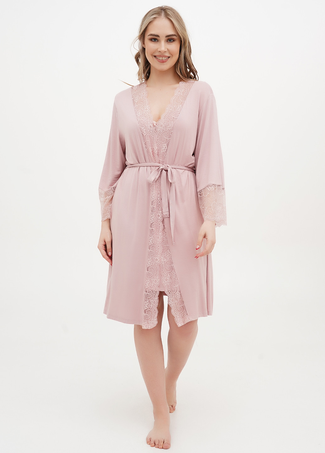 Пудровый демисезонный комплект (ночная рубашка, халат) Cotpark