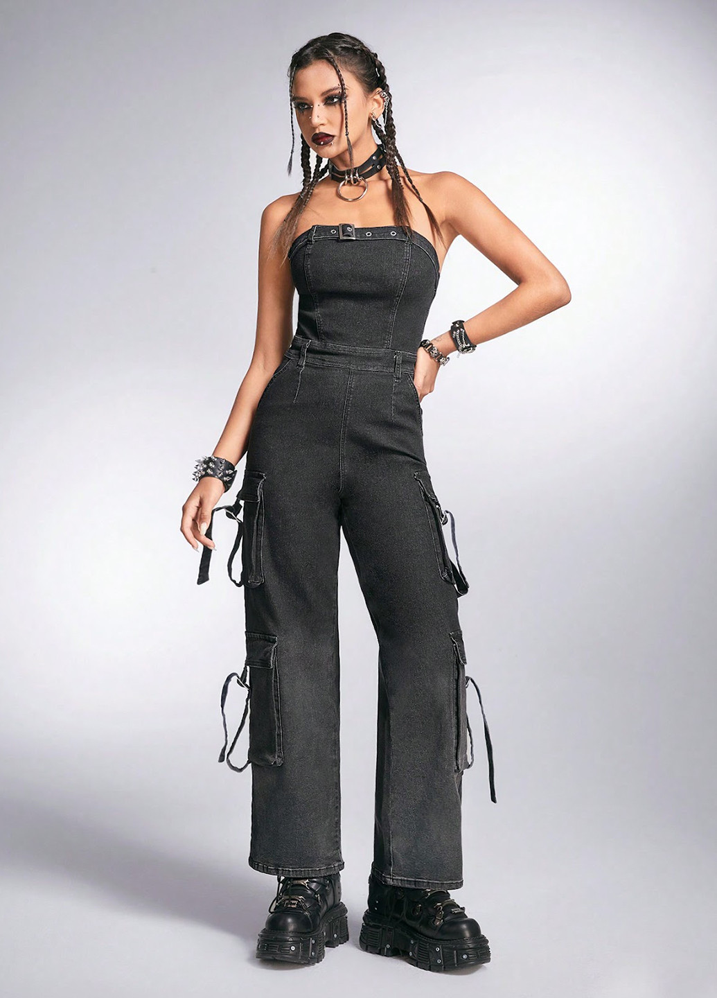 Комбинезон SHEIN комбинезон-брюки однотонный чёрный денил, кэжуал хлопок, джинс