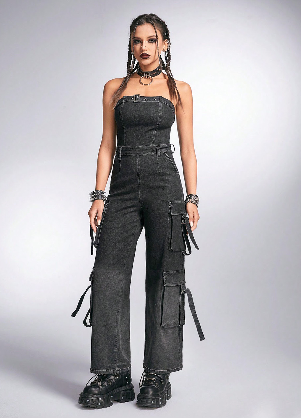 Комбинезон SHEIN комбинезон-брюки однотонный чёрный денил, кэжуал хлопок, джинс
