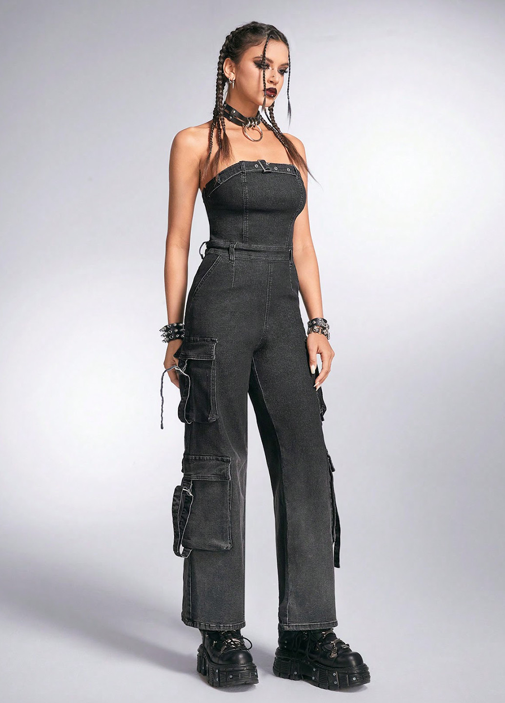 Комбинезон SHEIN комбинезон-брюки однотонный чёрный денил, кэжуал хлопок, джинс