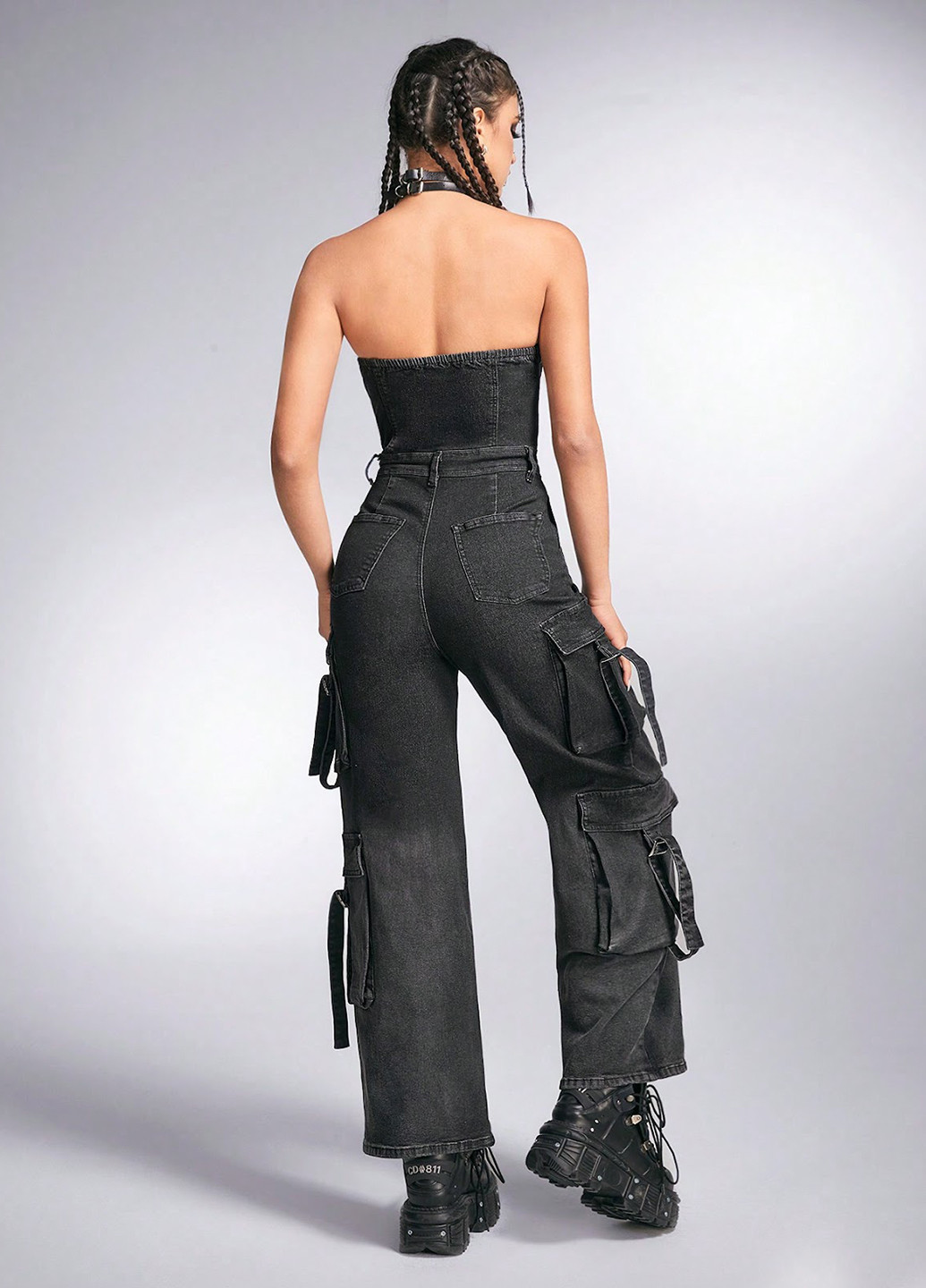 Комбинезон SHEIN комбинезон-брюки однотонный чёрный денил, кэжуал хлопок, джинс