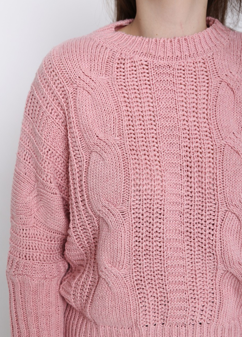 Розовый зимний свитер женский розовый вязаный летучая мышь косами JEANSclub Свободная