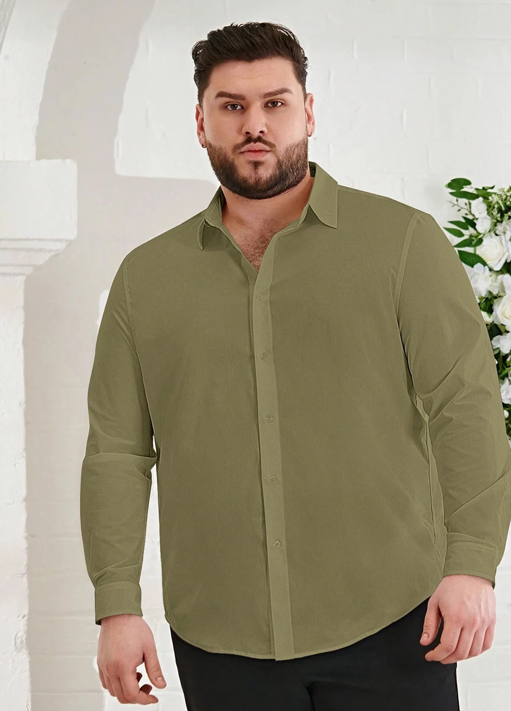 Оливковковая (хаки) кэжуал, классическая рубашка однотонная SHEIN
