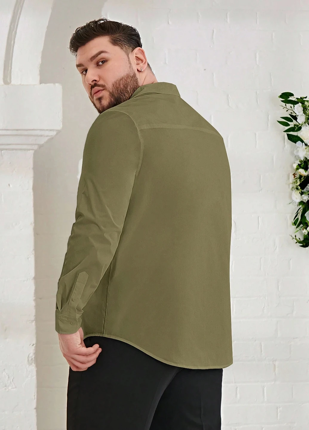 Оливковковая (хаки) кэжуал, классическая рубашка однотонная SHEIN