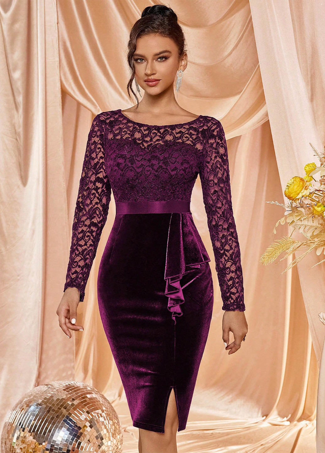 Бордовое коктейльное платье футляр SHEIN однотонное