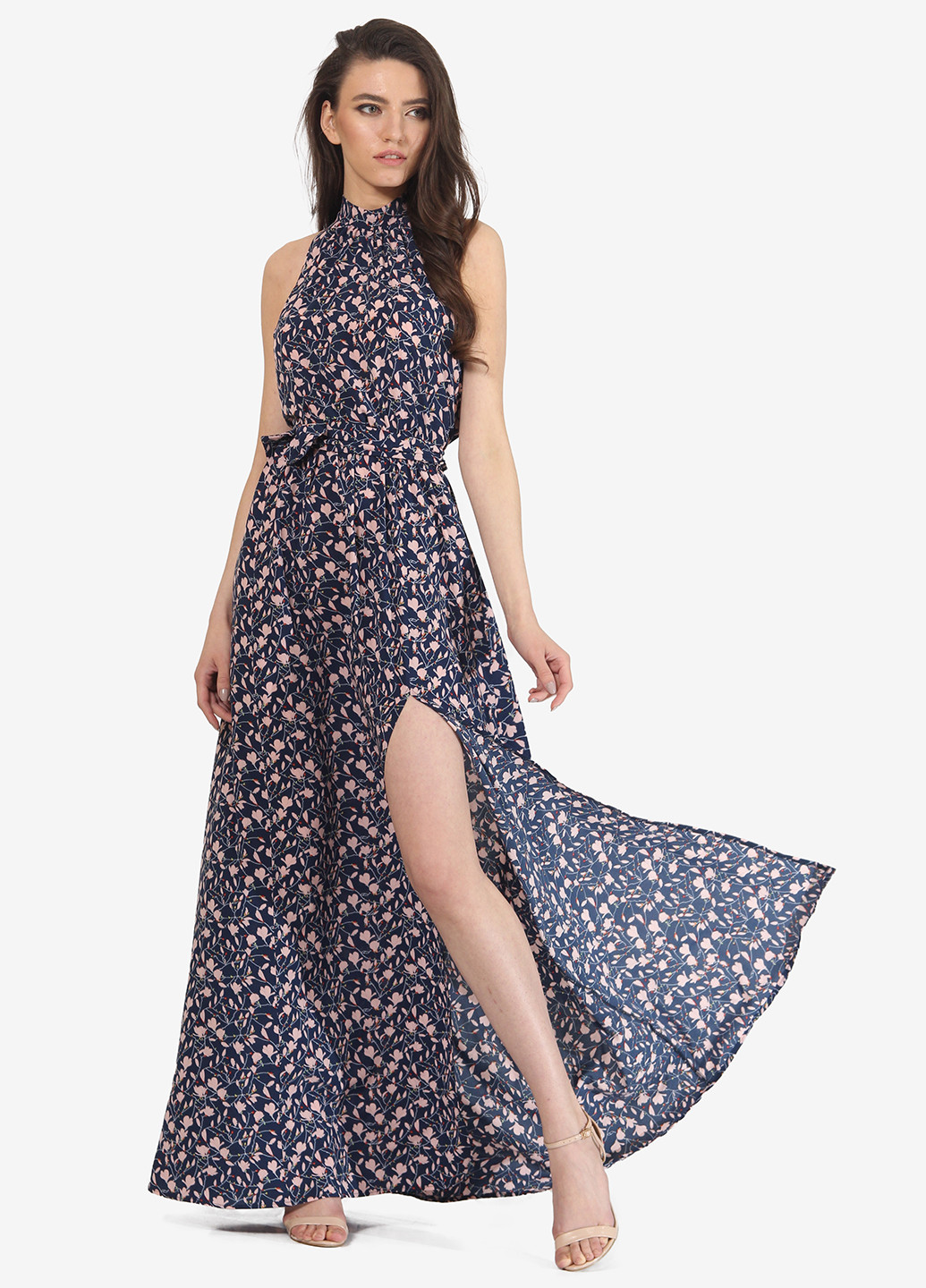 Темно-синя вечірня сукня, сукня кльош Lila Kass з квітковим принтом