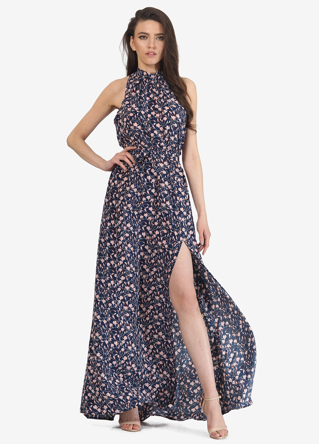 Темно-синя вечірня сукня, сукня кльош Lila Kass з квітковим принтом