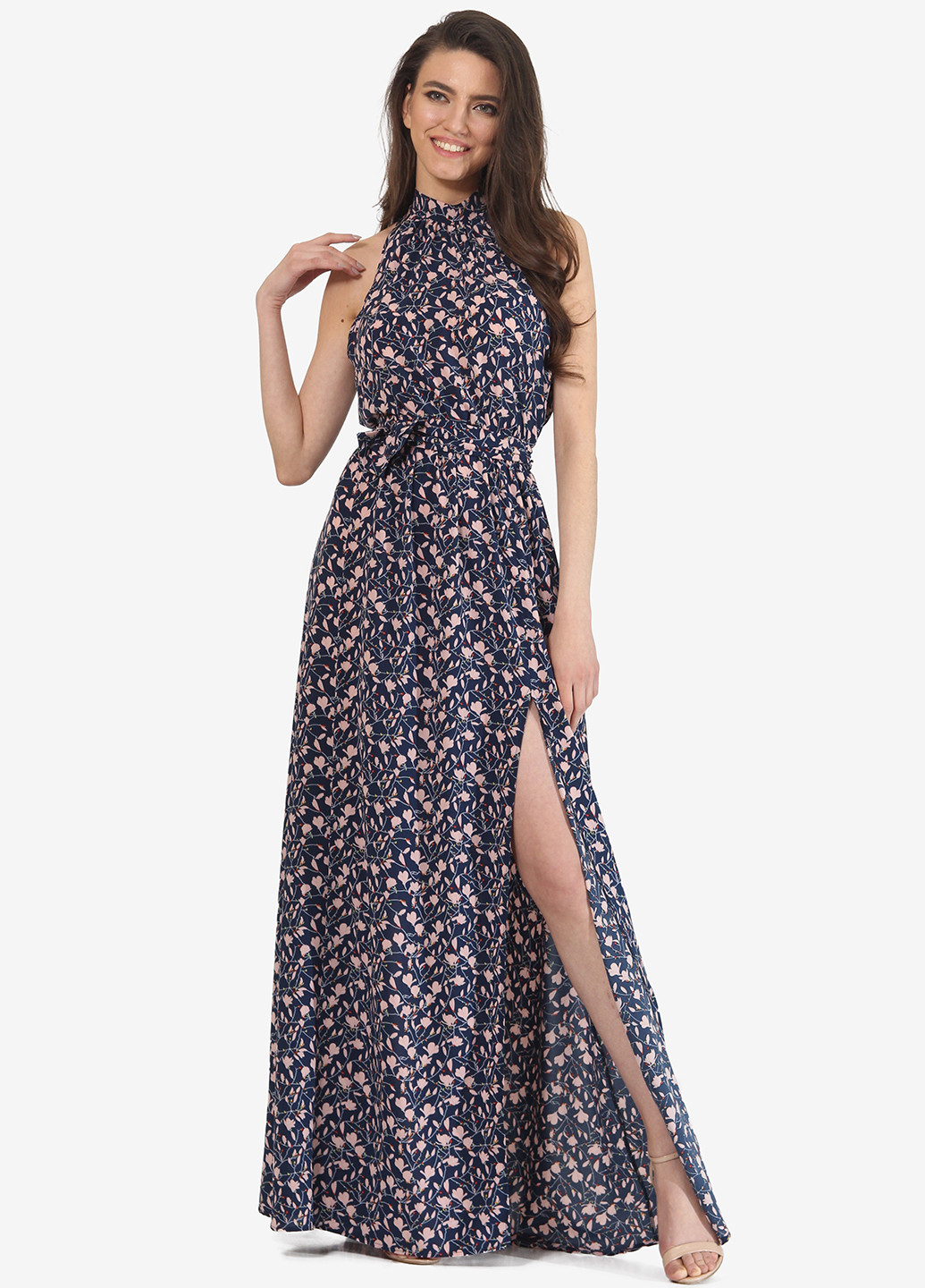 Темно-синее вечернее платье клеш Lila Kass с цветочным принтом