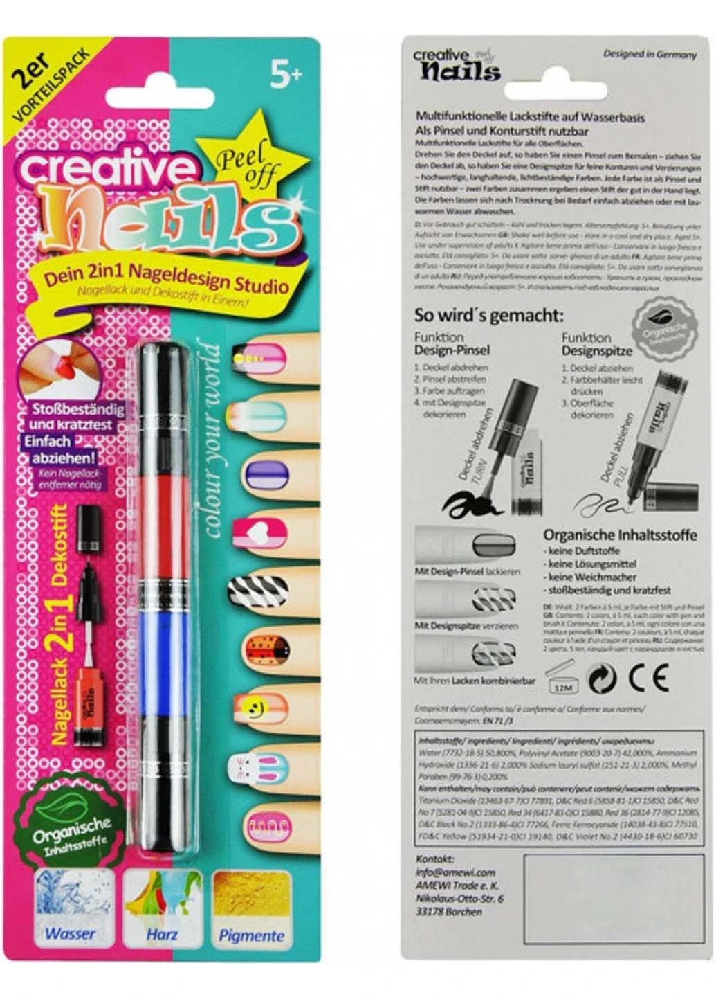 Лак олівець для нігтів дитячий на водній основі 2 кольори Creative Nails (253274164)