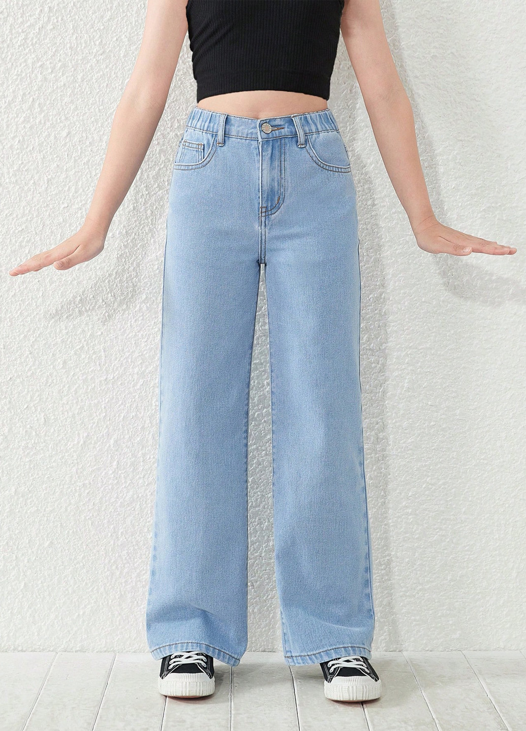 Светло-голубые летние мешковатые, прямые джинсы SHEIN