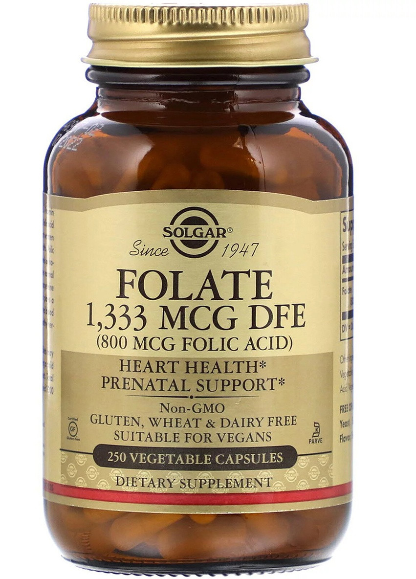 Фолат (В9), Folic Acid, 800 мкг,, 250 рослинних капсул Solgar (228291717)