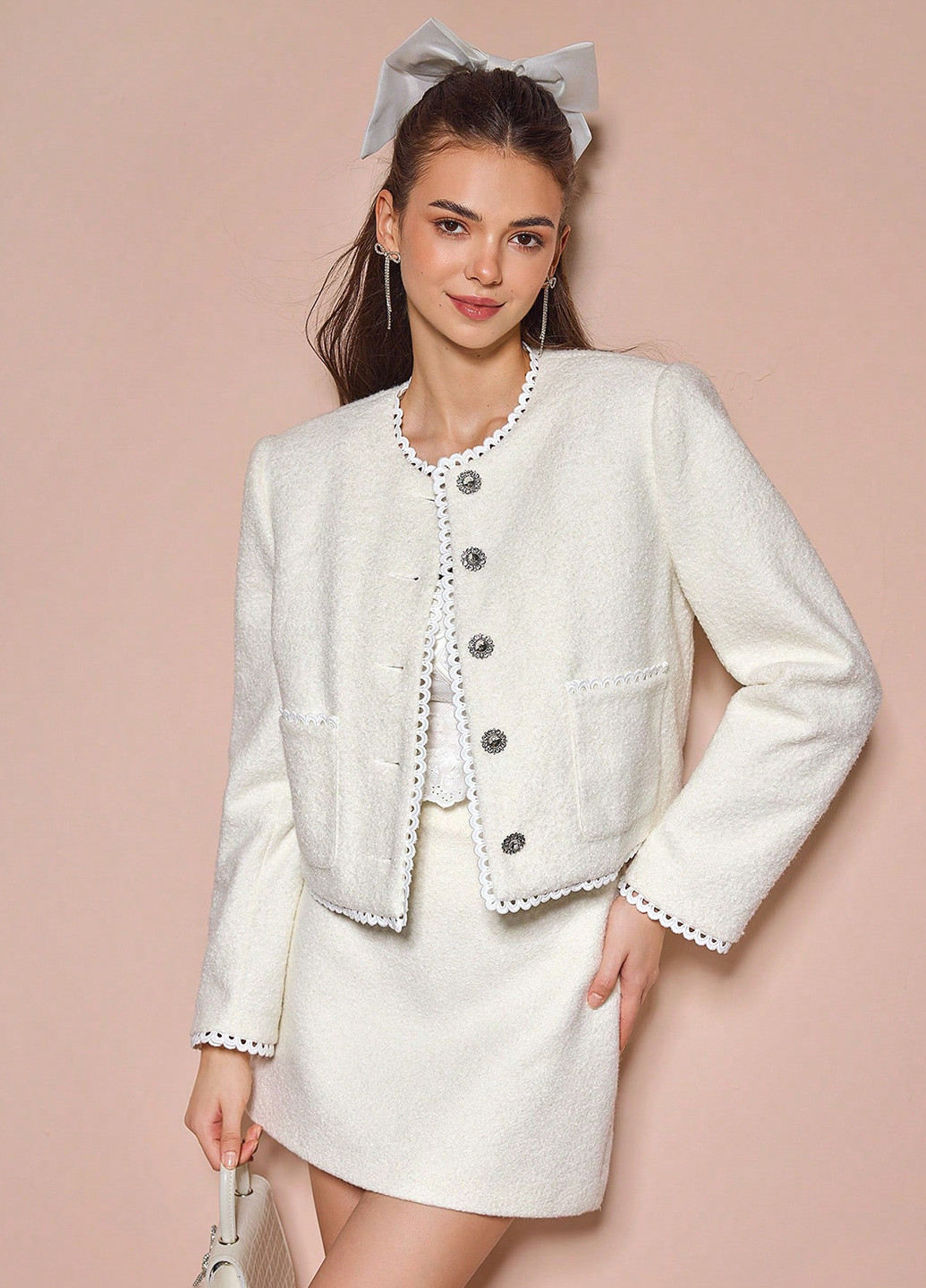 Белое Кэжуал полупальто однобортное SHEIN однотонное