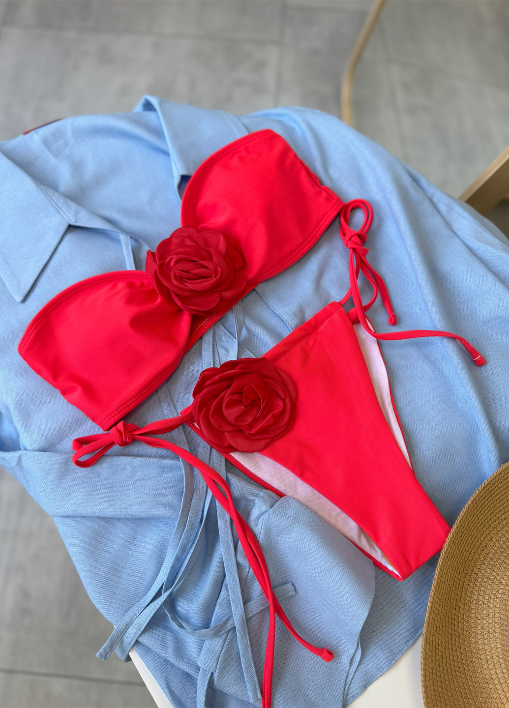 Красный летний купальник (лиф, трусики) бандо, раздельный NOVA VEGA