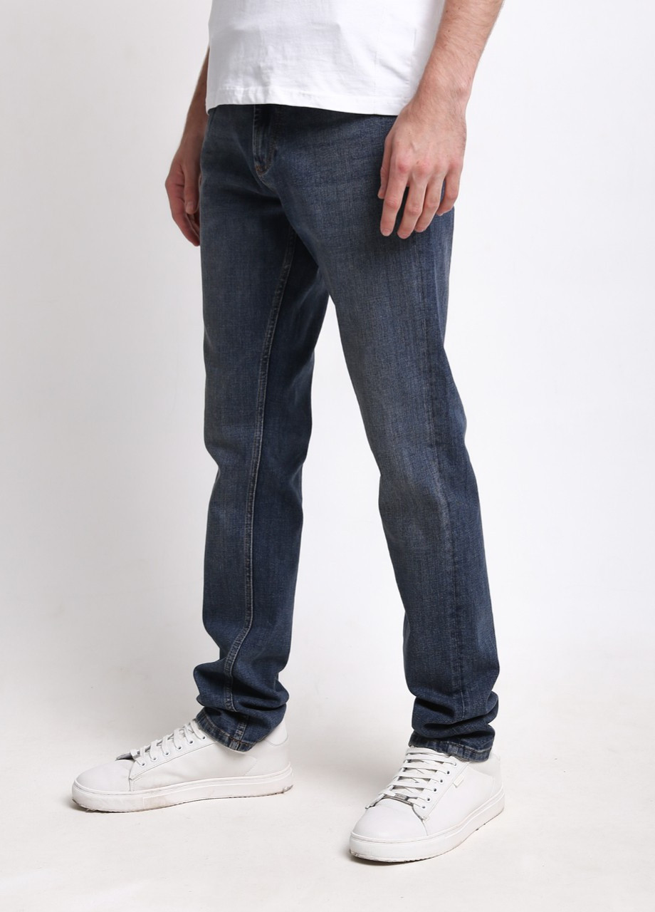 Синие демисезонные слим джинсы мужские зауженные синие с контрасной теркой Slim Davito