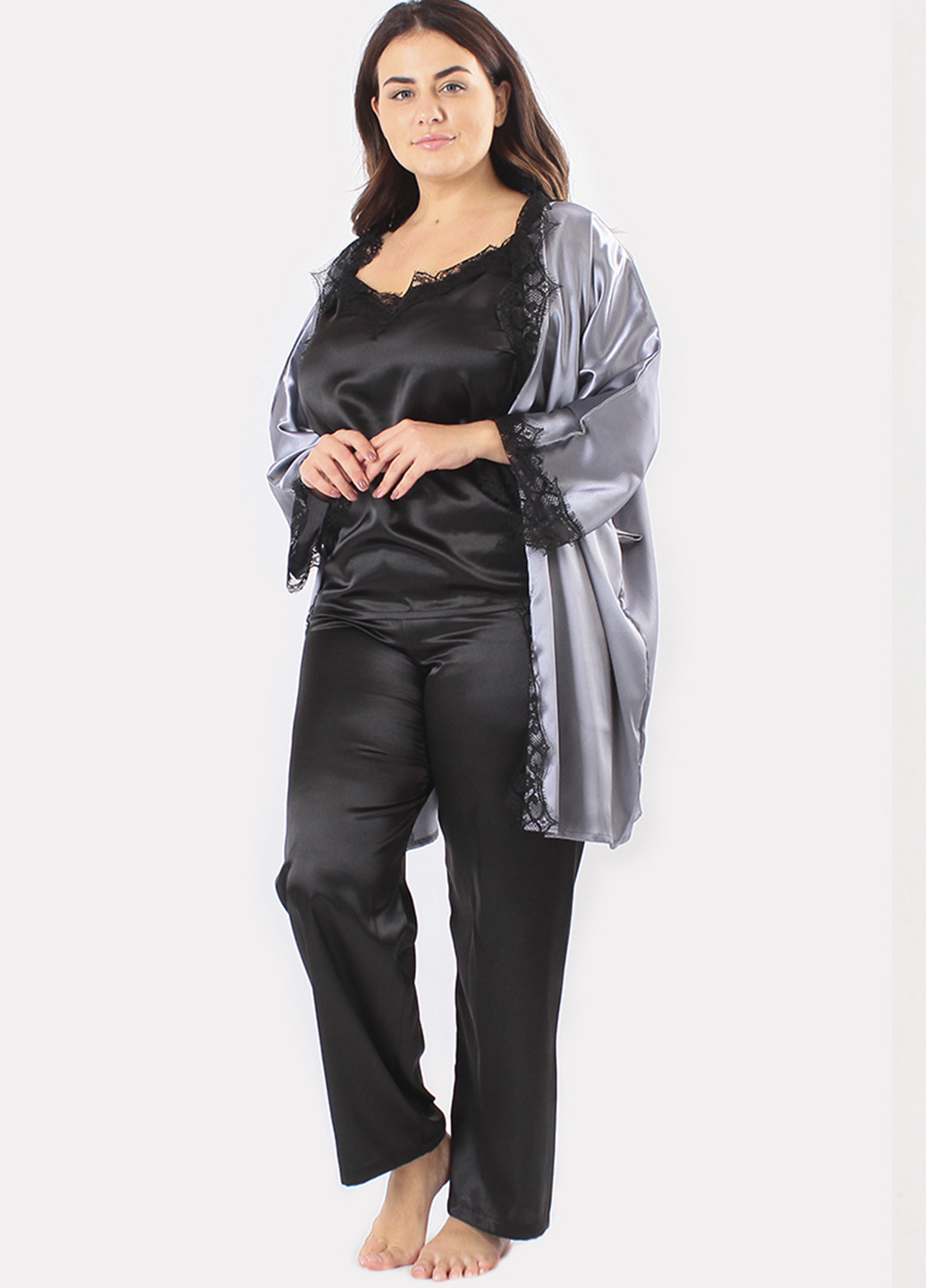 Сірий демісезонний комплект (топ, брюки, халат) Ghazel