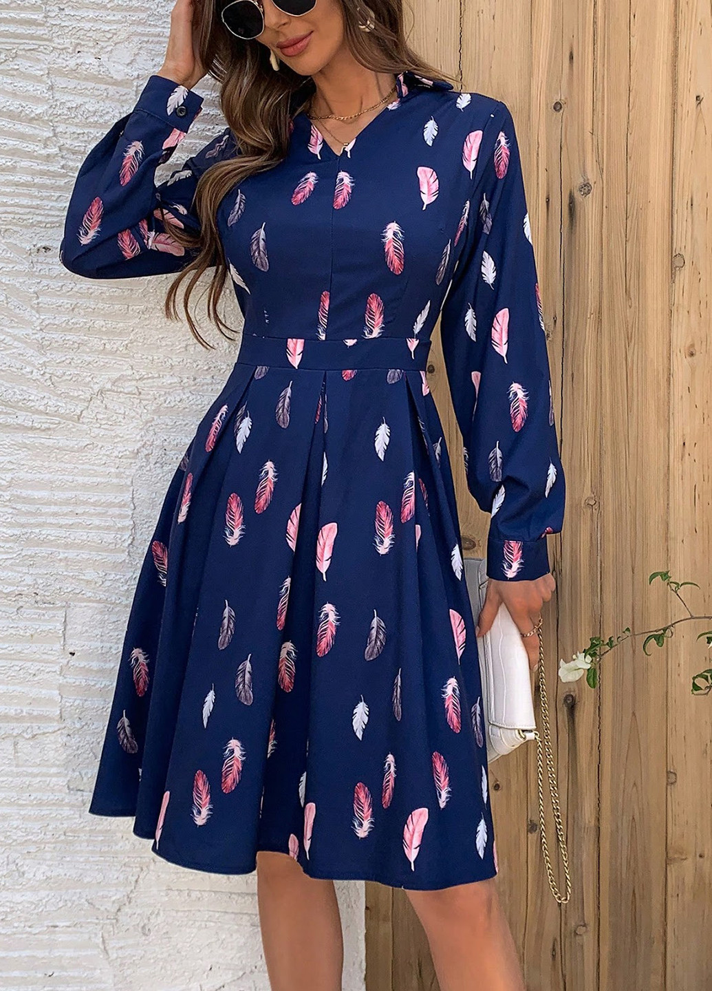 Темно-синее кэжуал, праздничный платье клеш, а-силуэт SHEIN с рисунком