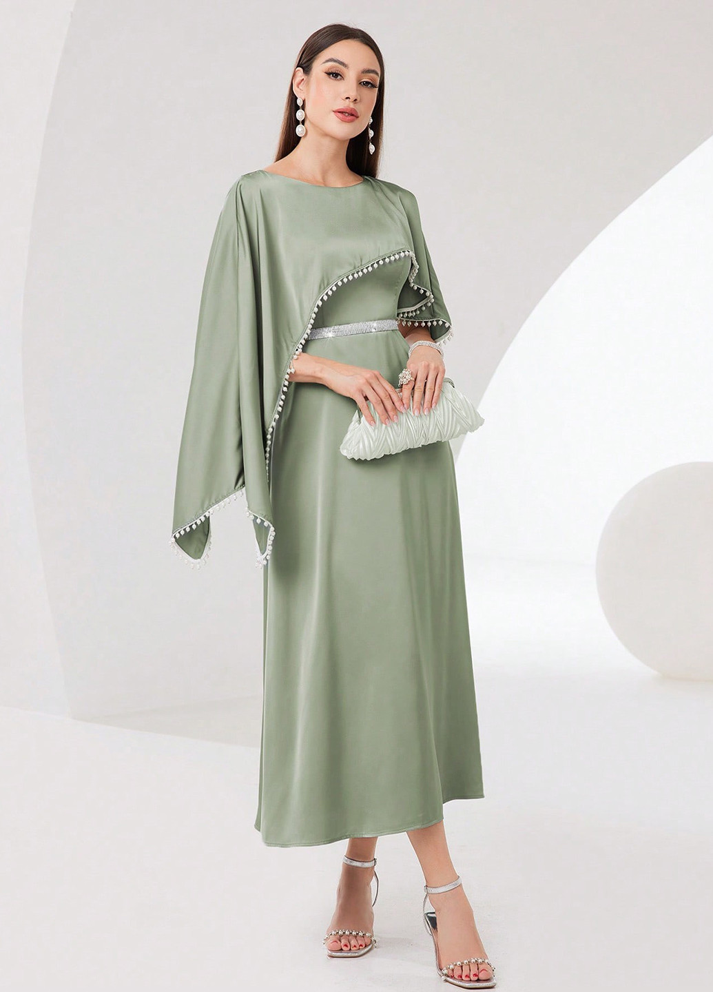 Светло-зеленое вечернее платье клеш SHEIN однотонное