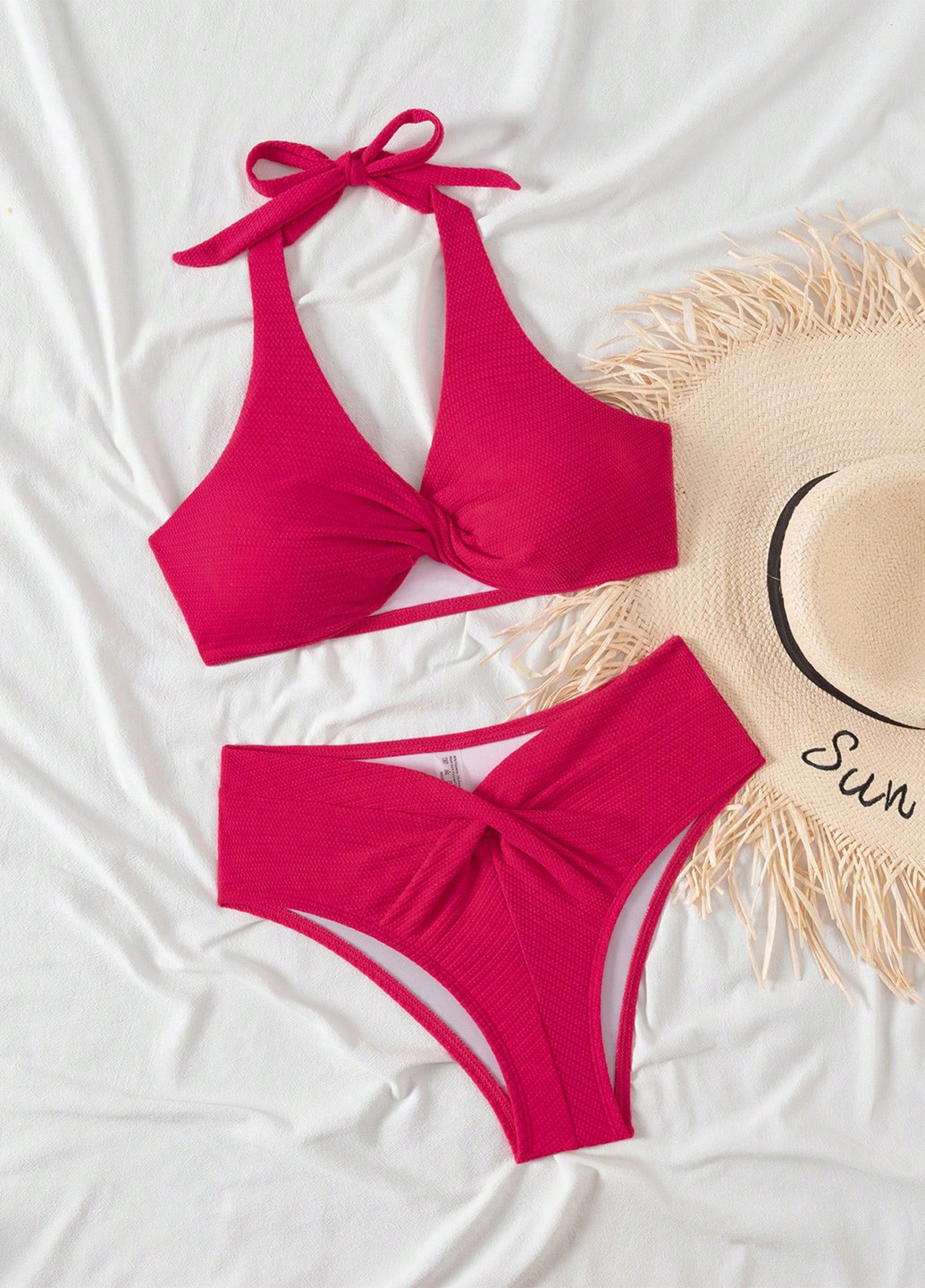 Фуксиновий (колору Фукія) літній купальник (ліф, трусики) халтер, роздільний SHEIN