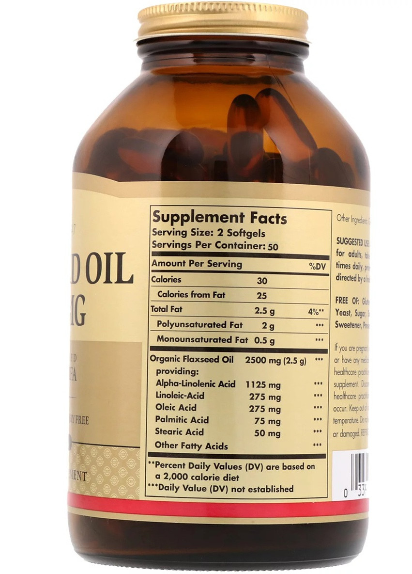 Льняное Масло, Flaxseed Oil,, 1250 мг, 100 гелевых капсул Solgar (228291988)
