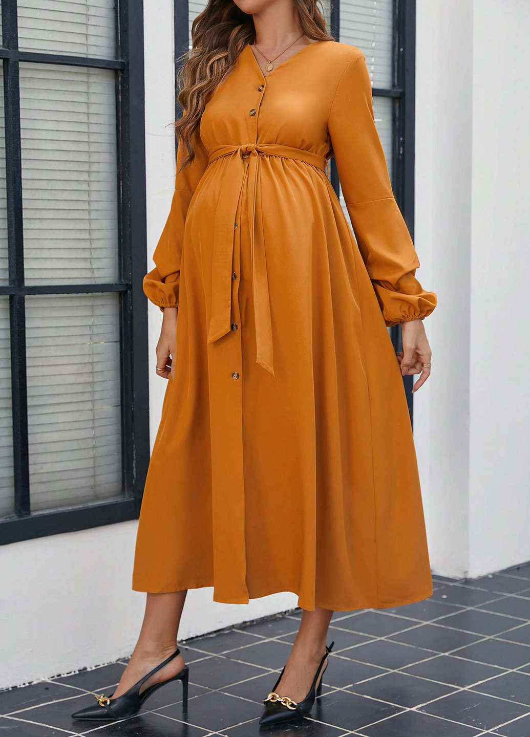 Гірчична кежуал сукня для вагітних кльош SHEIN однотонна