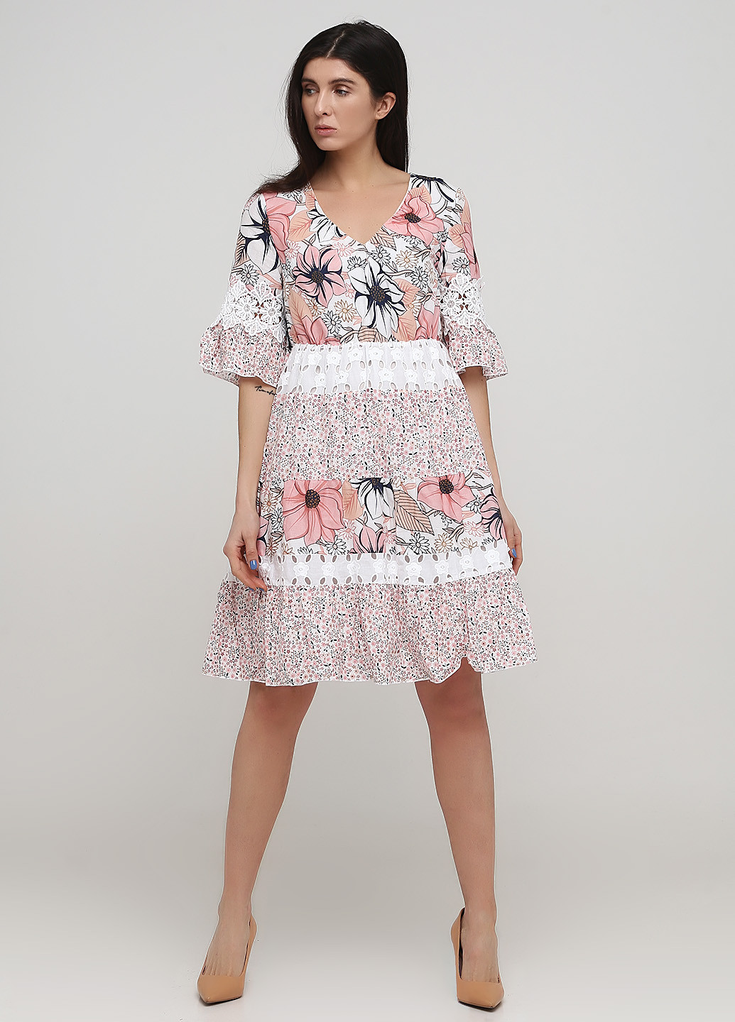 Молочное кэжуал платье клеш Linea Tesini с цветочным принтом