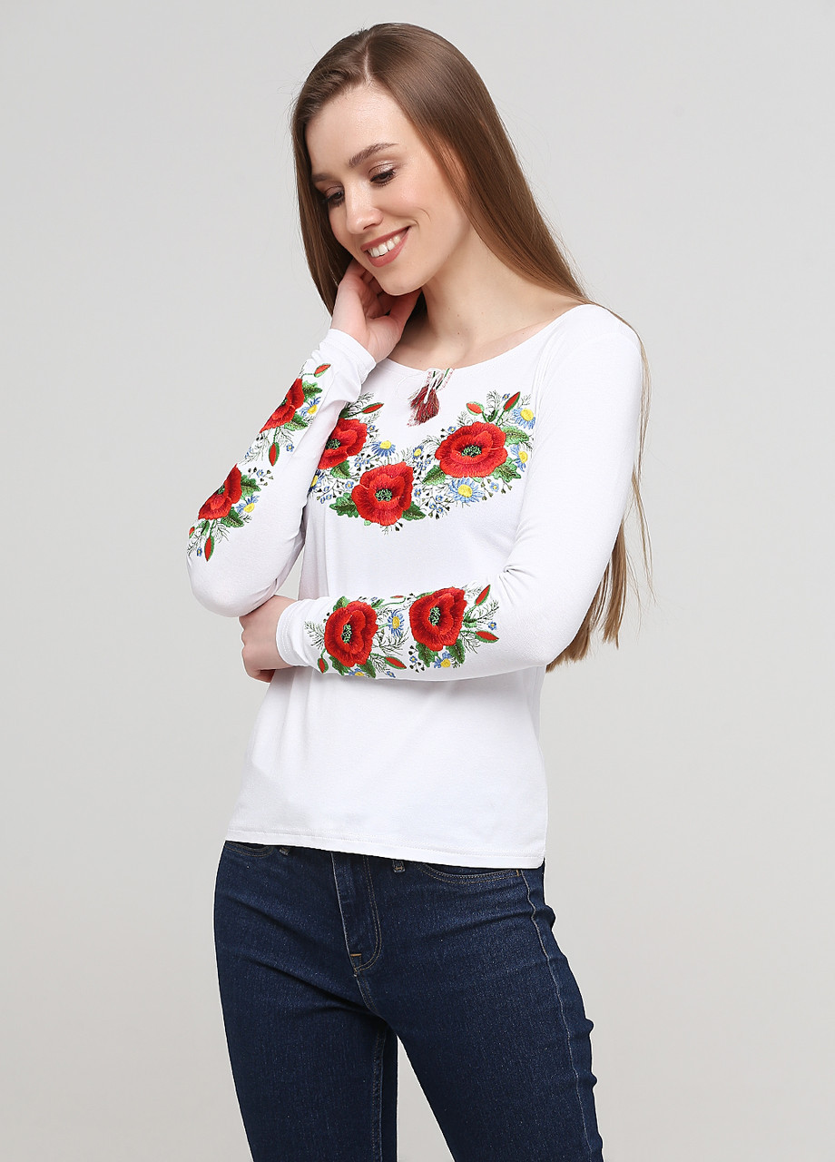 Женская вышитая футболка с длинным рукавом Маковый цвет Melanika (250206201)