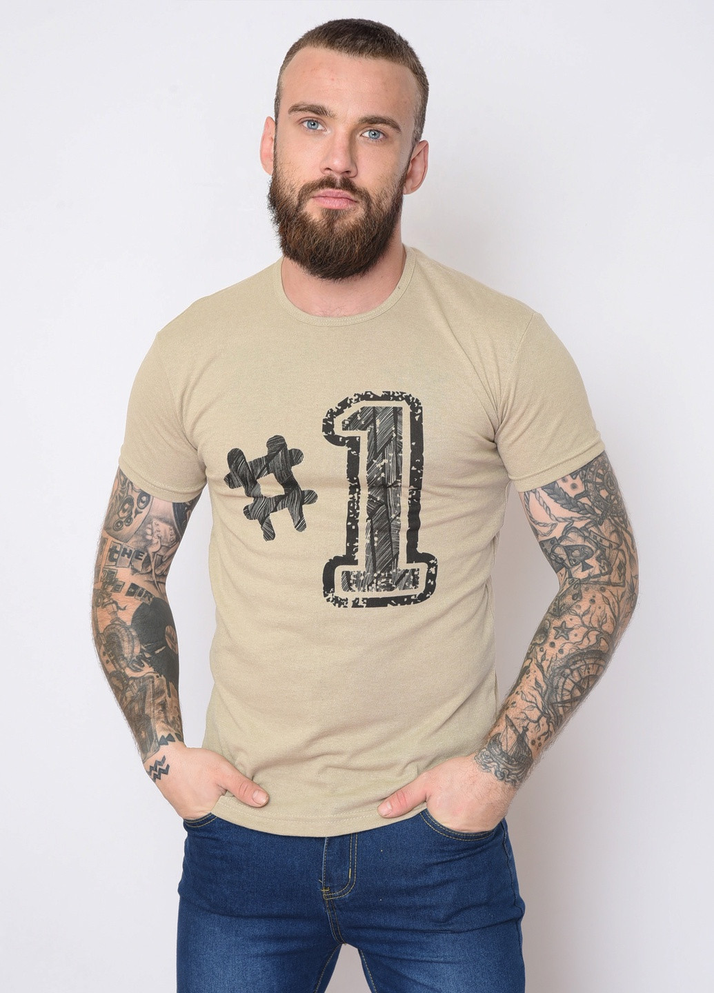 Бежевая футболка мужская бежевого цвета с рисунком Let's Shop