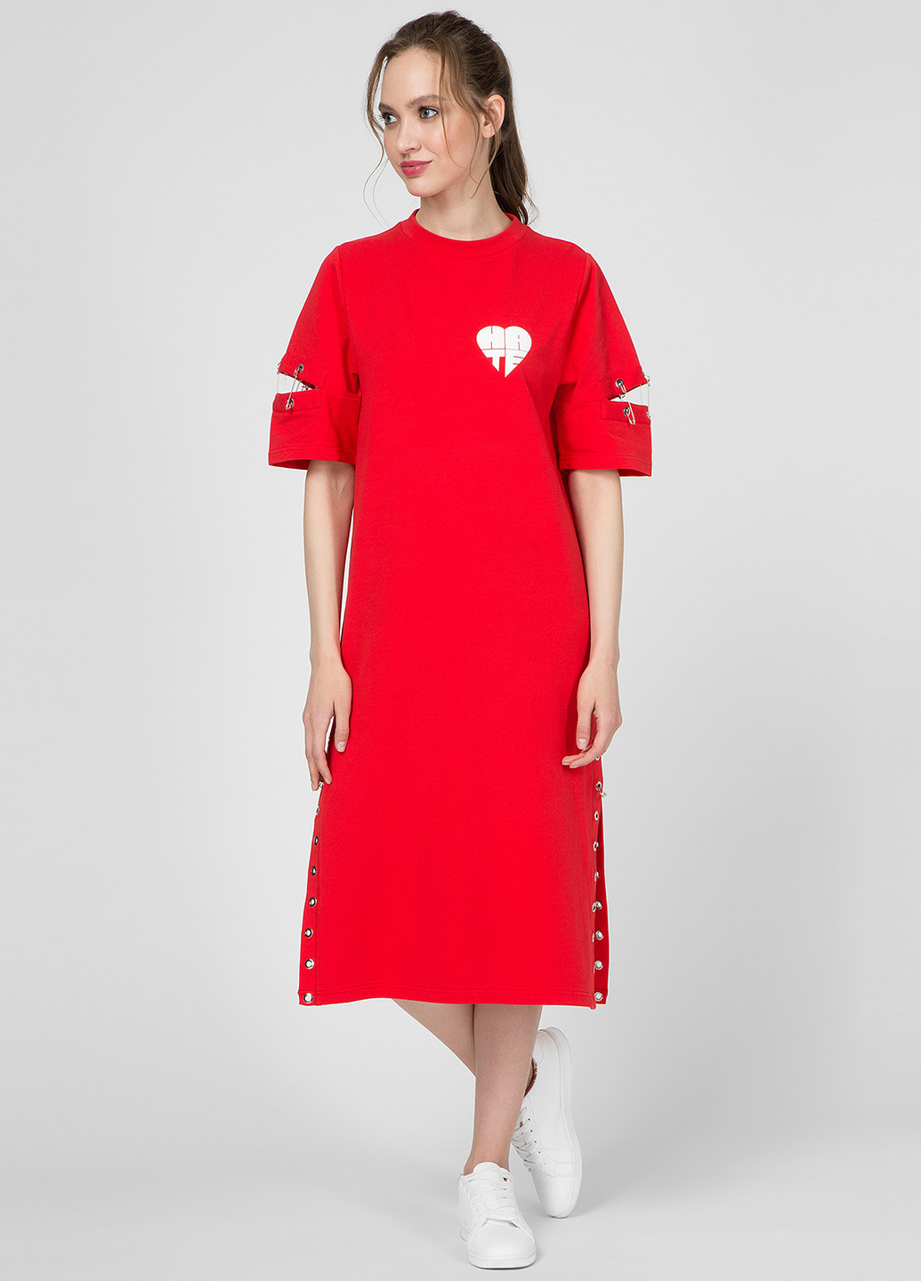 Красное кэжуал платье платье-футболка, оверсайз Preppy сердечки