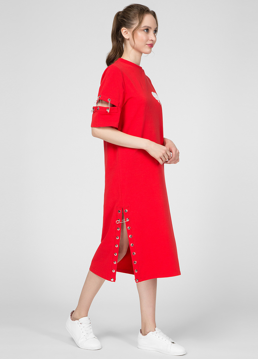 Красное кэжуал платье платье-футболка, оверсайз Preppy сердечки
