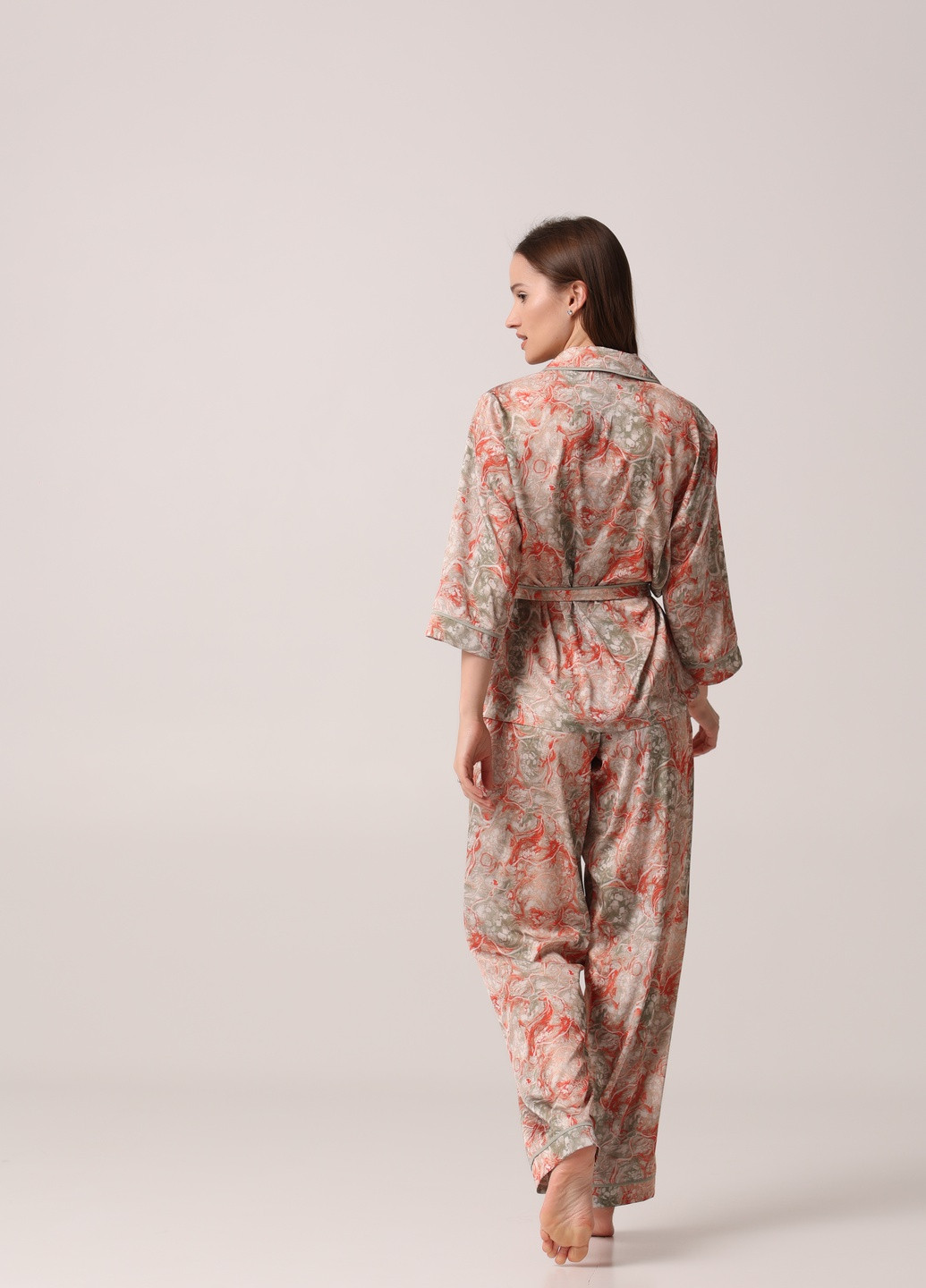 Оливкова всесезон піжамний костюм (жакет + штани + шорти) еко-шовк мрамор яшма Kaiza