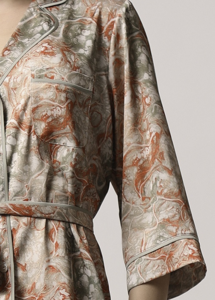 Оливкова всесезон піжамний костюм (жакет + штани + шорти) еко-шовк мрамор яшма Kaiza