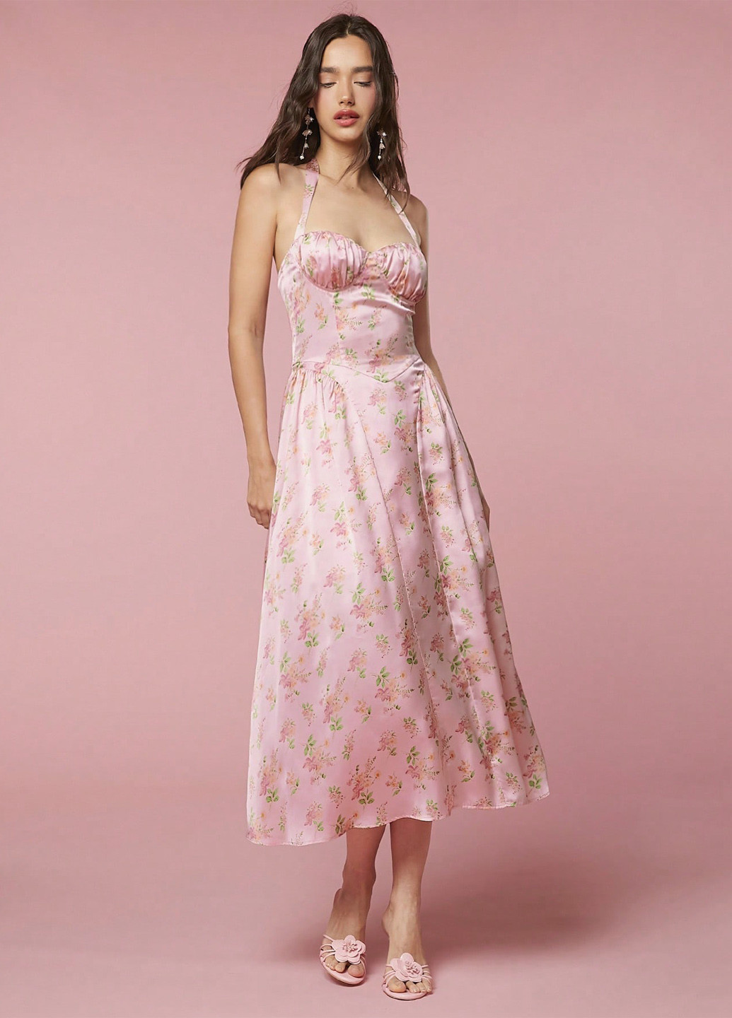 Розовое коктейльное платье клеш, с открытой спиной SHEIN с цветочным принтом