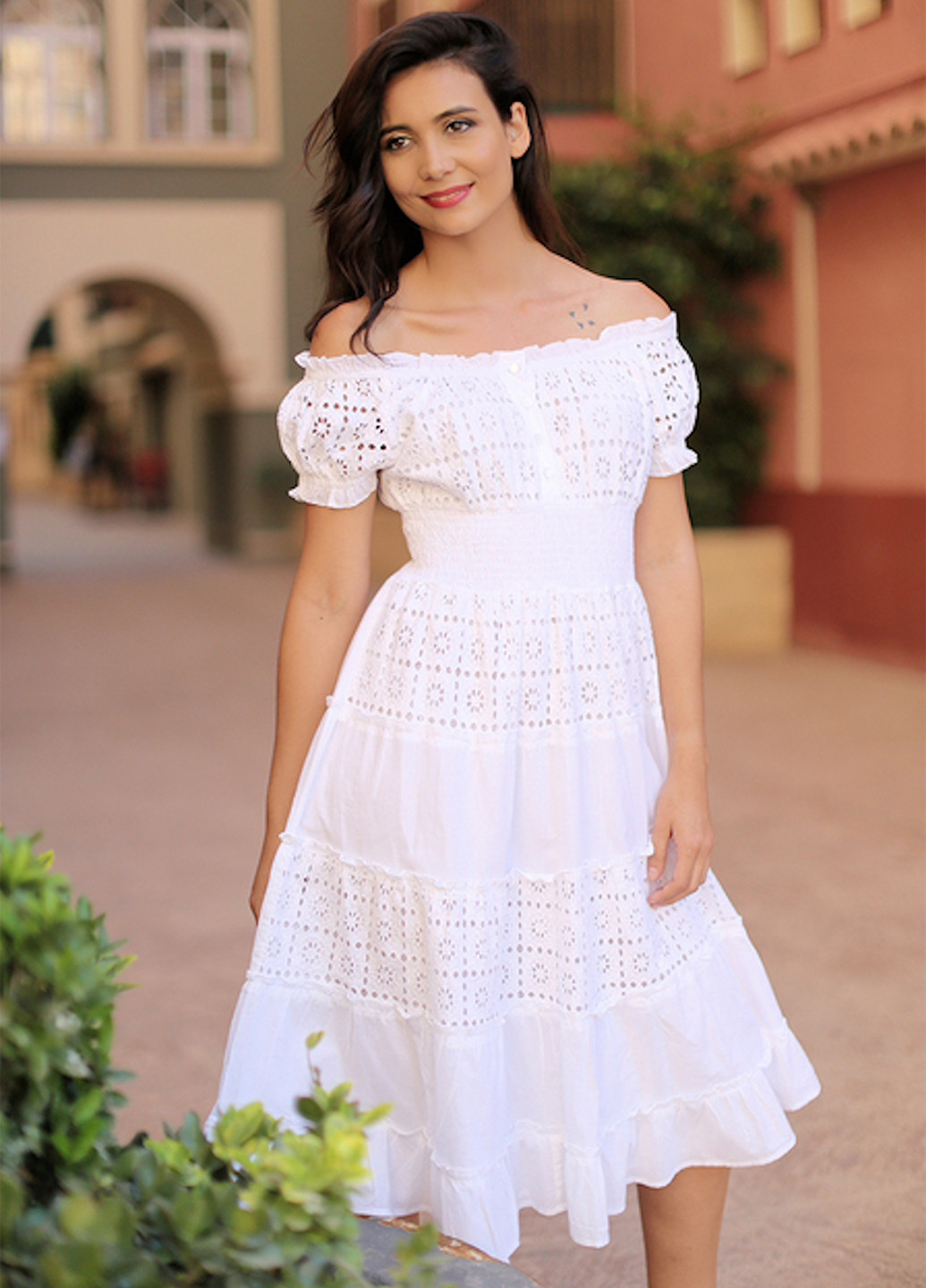 Білий кежуал сукня з відкритими плечима, кльош Fresh cotton однотонна