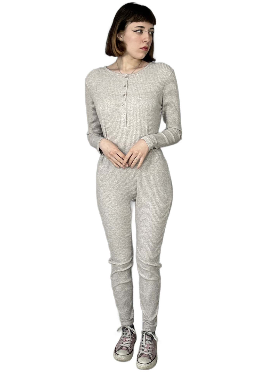 Комбінезон H&M комбінезон-брюки меланж сіро-бежевий кежуал бавовна, трикотаж