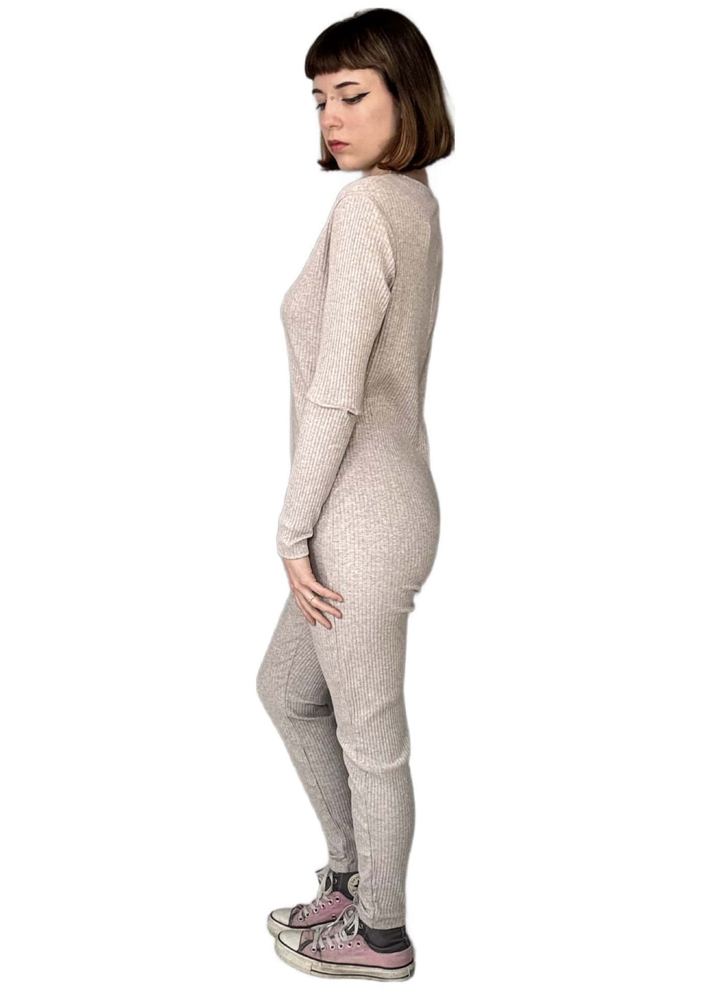 Комбінезон H&M комбінезон-брюки меланж сіро-бежевий кежуал бавовна, трикотаж