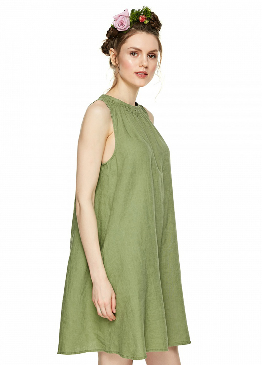Оливковое кэжуал платье а-силуэт United Colors of Benetton однотонное