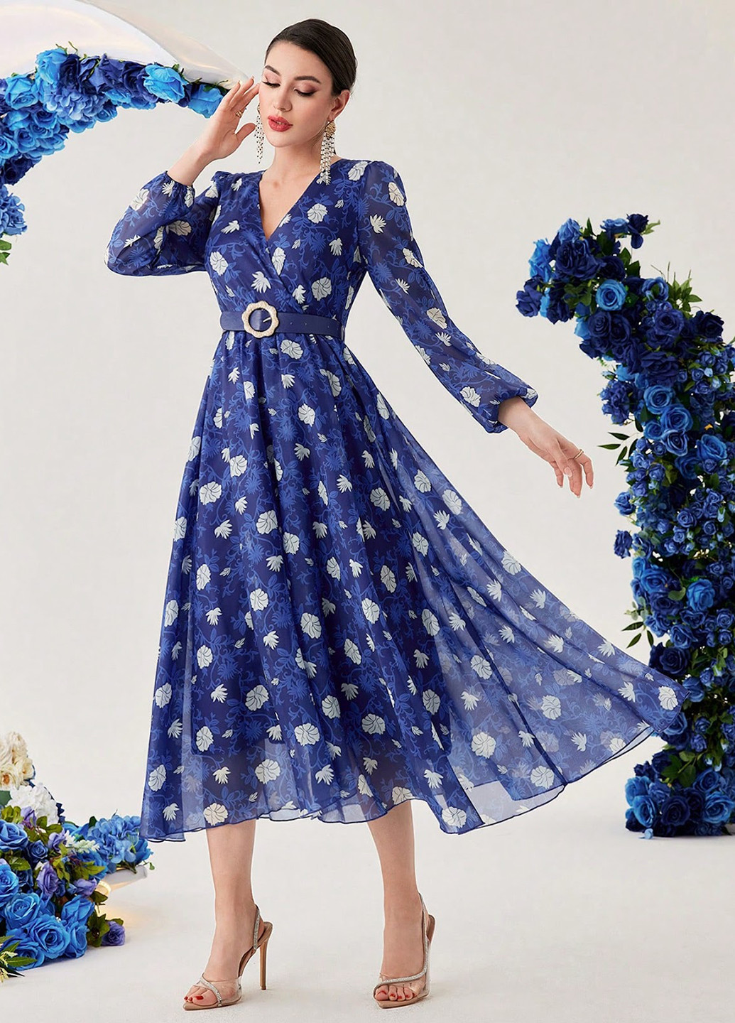 Синя кежуал сукня кльош SHEIN з квітковим принтом