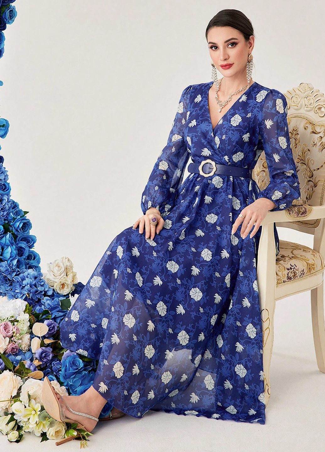 Синя кежуал сукня кльош SHEIN з квітковим принтом